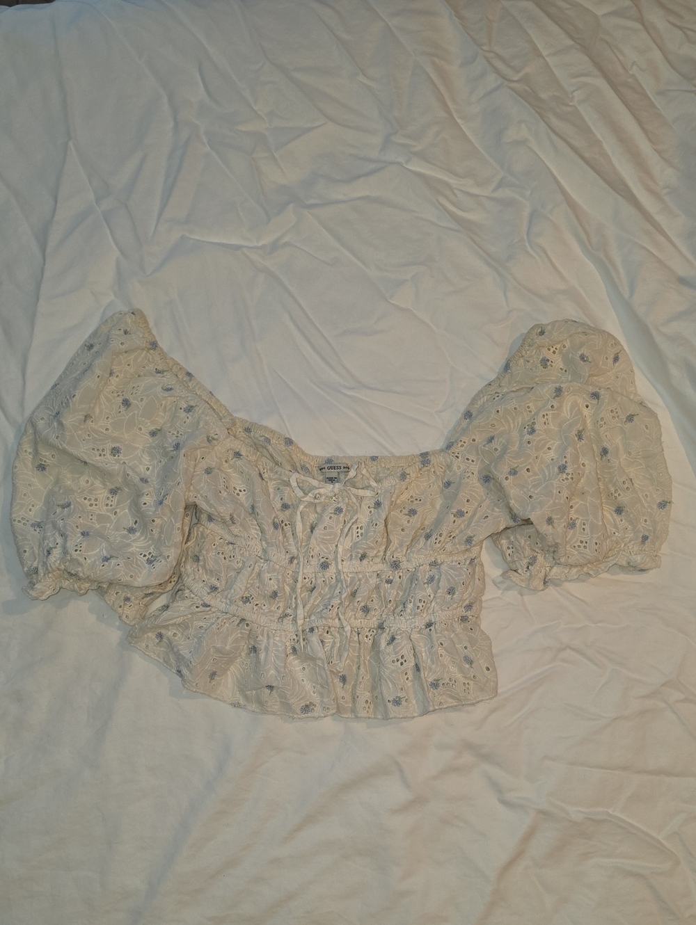 Guess Off White Cream Floral Eyelet Puff-Sleeve Off The Shoulder Crop Top Small